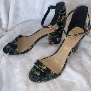 Vince Camuto Block Heel Sandals, Black Floral Print - Size 12